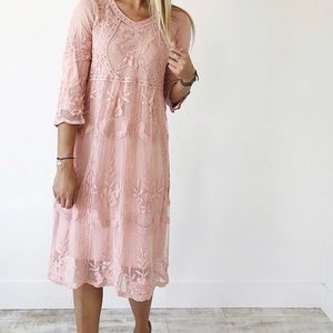 ROOLEE Nora midi lace dress in blush/mauve color